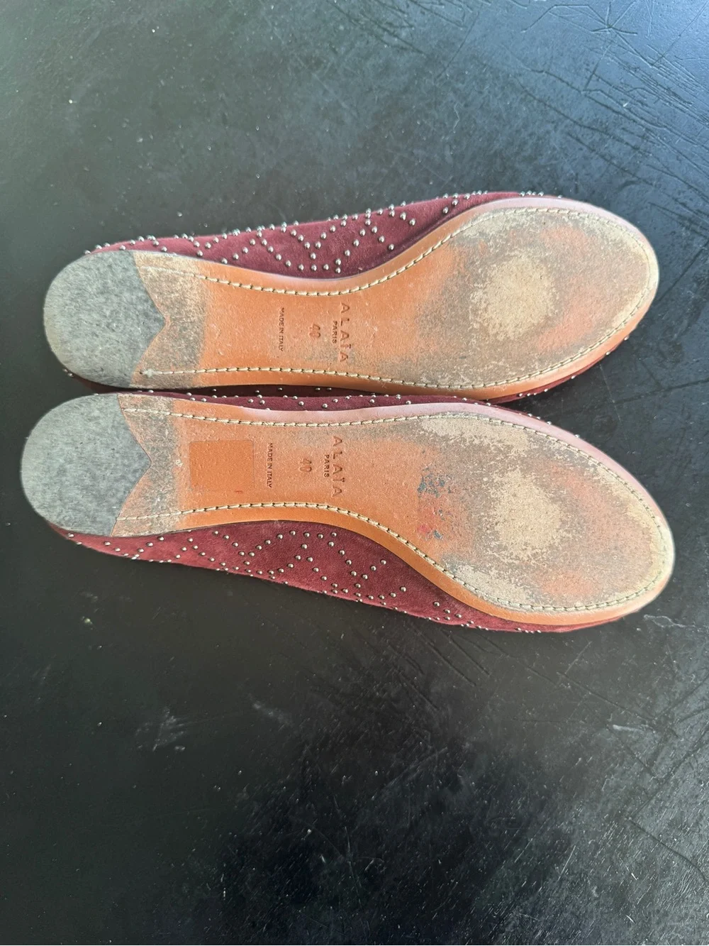 Alaia Burgundy Suede Studded Bow Ballet Flats - Picture 4 of 4